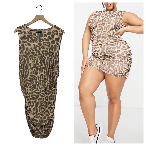 ASOS Design Curve Sleeveless Ruched Mesh Mini Dress - Leopard Print-multi -US 16 - Picture 1 of 16